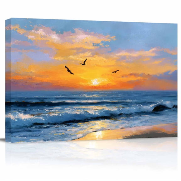 Summer Ocean Canvas Print Wall Art Oil Painting Blue Sea Sunset Beach Bird Pictures Painting Morden Artwork for Living Room Bedroom, Ready to Hang - 12"x16"