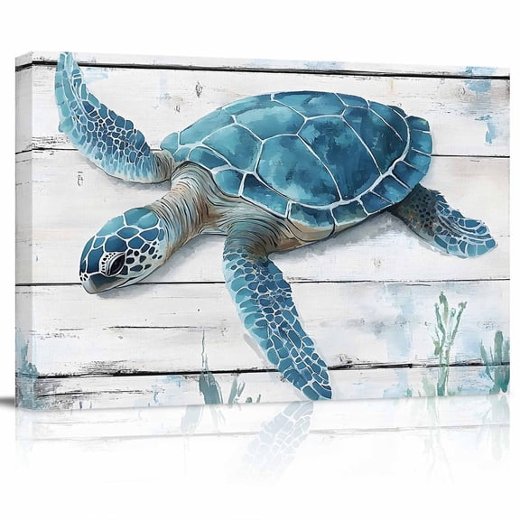 Summer Ocean Canvas Print Wall Art Retro Turtle Seagrass Wood Texture Pictures Painting Morden Artwork for Living Room Bedroom, Ready to Hang - 12"x16"