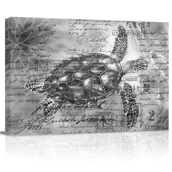 Summer Ocean Canvas Print Wall Art Sea Turtle Gray Watercolor Retro Pictures Painting Morden Artwork for Living Room Bedroom, Ready to Hang - 12"x16"