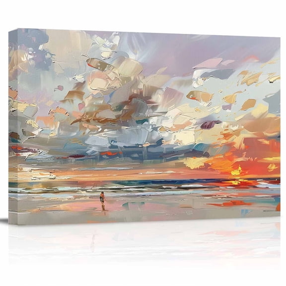 Summer Ocean Canvas Print Wall Art Sunset Oil Painting Blue Red and Orange Pictures Painting Morden Artwork for Living Room Bedroom, Ready to Hang - 12"x16"