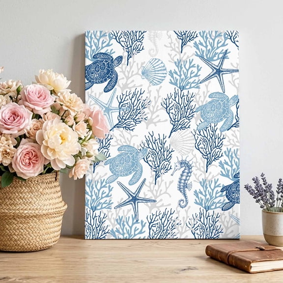 Summer Ocean Canvas Wall Art Framed Wall Decor for Living Room Bedroom Bathroom, Blue Coral and Sea Turtle Canvas Pictures Ready to Hang Decor, 8"x10"