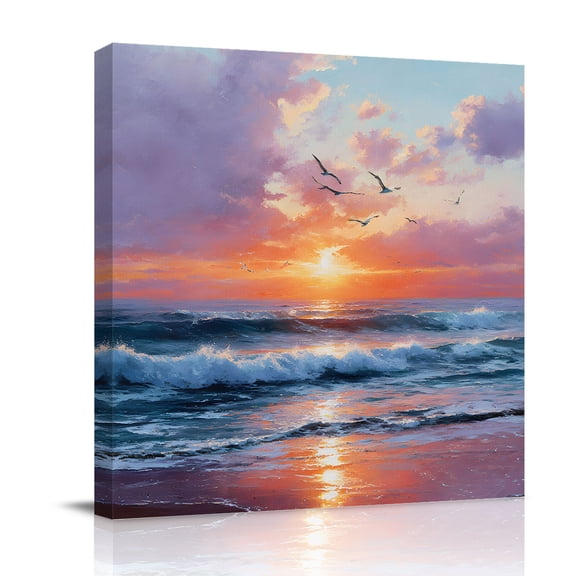 Summer Ocean Canvas Wall Art for Living Room, Oil Painting Sea Dreamy Sunset Beach Birds Wall Decor Framed Artwork Pictures Ready to Hang for Bedroom Office Home Decor