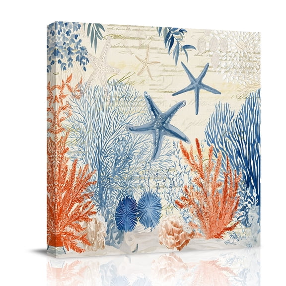 Summer Ocean Canvas Wall Art for Living Room, Vintage Nautical Sea Watercolor Orange Blue Starfish Corals Poster Print Painting for Bedroom Office Home Decoration Wall Pictures Prepare To Hang 8"x8"
