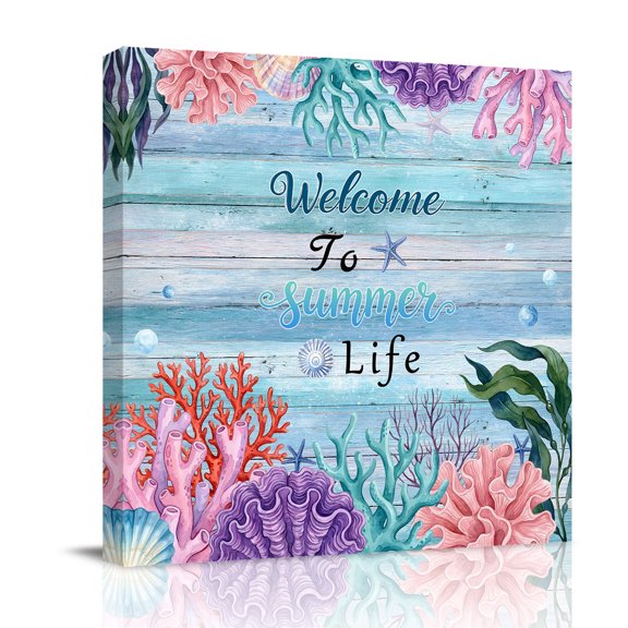 Summer Ocean Canvas Wall Art for Living Room, Welcome to Life Color Coral Shell Blue Wood Grain Poster Print Painting for Bedroom Office Home Decoration Wall Pictures Prepare To Hang 8"x8"