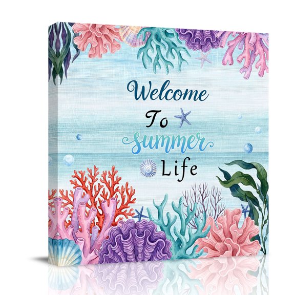 Summer Ocean Canvas Wall Art for Living Room, Welcome to Life Color Coral Shell Gradient Blue Poster Print Painting for Bedroom Office Home Decoration Wall Pictures Prepare To Hang 8"x8"