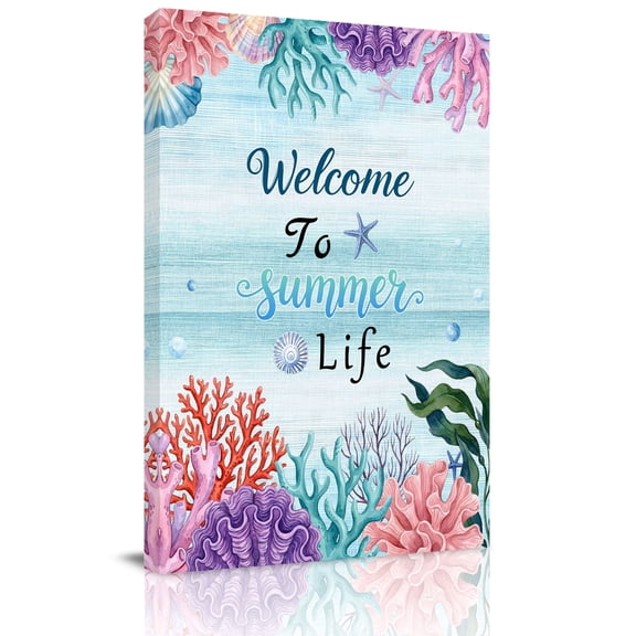 Summer Ocean Canvas Wall Art for Living Room, Welcome to Life Color Coral Shell Gradient Blue Wall Decor Framed Artwork Pictures Ready to Hang for Bedroom Office Home Decor