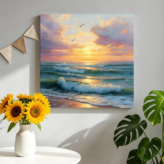 Summer Ocean Canvas Wall Art, Oil Painting Green Sea Sunset Beach Pictures Wall Decor Wooden Framed Artwork Art Prints for Living Room Hallway Bedroom Office 10"x10"