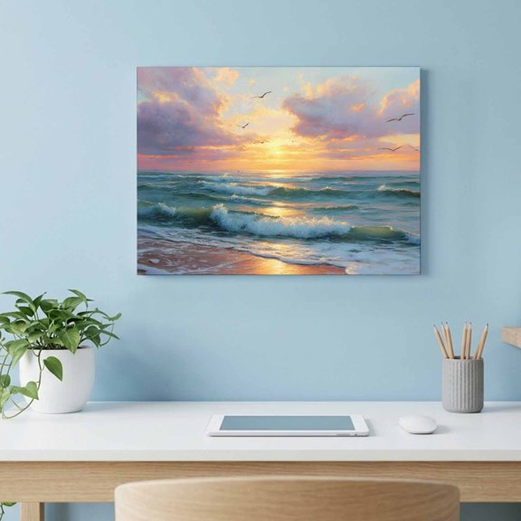 Summer Ocean Canvas Wall Art, Oil Painting Green Sea Sunset Beach Wall Art Prints Artwork Framed Canvas Ready to Hang Art Pictures for Living Dining Room Bedroom Hallway 24" x 18"