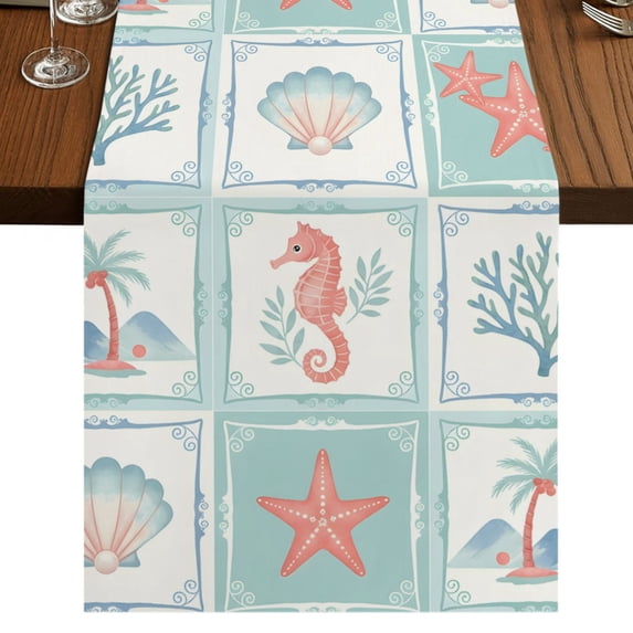 Summer Ocean Coastal Burlap Cotton Table Runner 13x48 Inches Long, Tropical Palm Tree Seahorse Coral Starfish Farmhouse Table Runners, Outdoor Dining Tablecloths Decor for Baby Shower/Party/Wedding