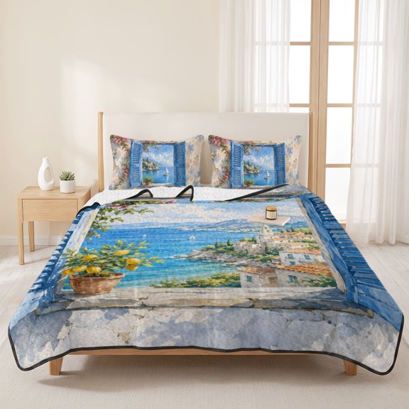 Summer Ocean Coastal Floral 3 Pieces Quilt Set,1 Quilt with 2 Shams,Vintage Seaside Town Bedspread Soft Lightweight Bedding Coverlet Comforter Set for All Season 96"x106"