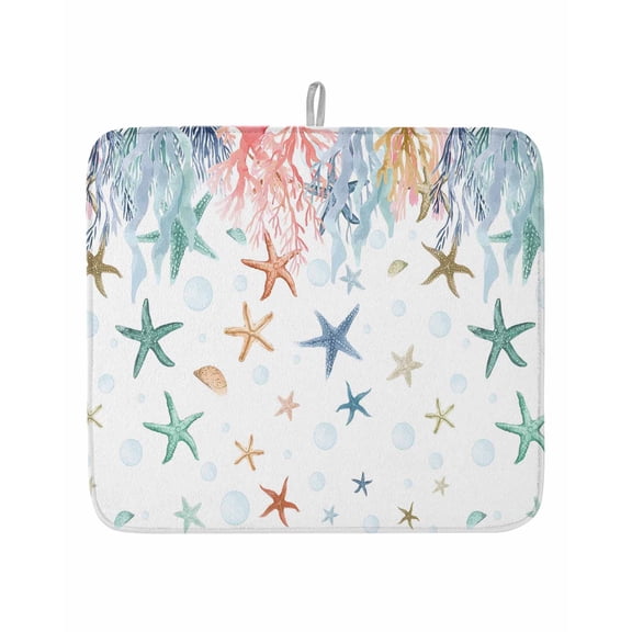 Summer Ocean Colorful Coral Dish Drying Mats for Kitchen Counter,Absorbent Microfiber Dish Drainer Rack Mat Abstract Starfish Bubble Drying Pad for Sinks,Utensils,Countertops,16x18in
