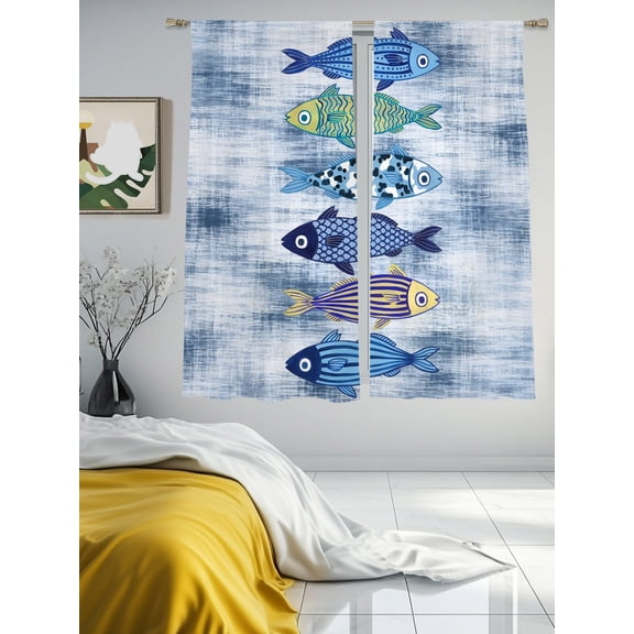 Summer Ocean Colorful Fish Sheer Curtains 2 Panels Set Nautical Boho Folk Art Lihgt Filtering Rod Pocket Voile Drape,Semi Sheer Window Curtains for Bedroom Living Room,52"x63"