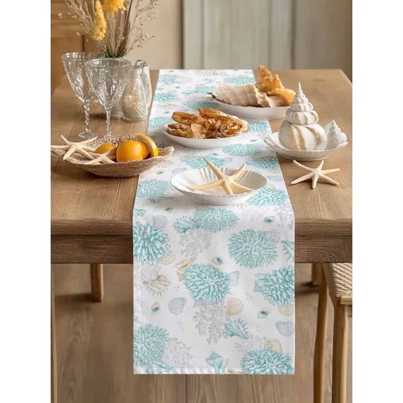 Summer Ocean Conch Abstract Table Runner 13x36in Non-Slip Cotton Linen Table Runners, Watercolor Green Corals Dresser Scarves TableRunner for Dinner Kitchen Dining Wedding Party