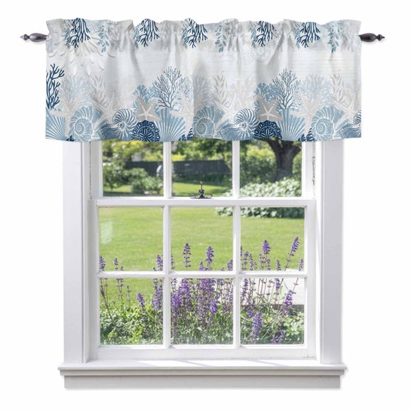 Summer Ocean Conch Coral Valances for Windows,Kitchen Valance Rod Pocket Short Curtain, Abstract Starfish on Blue Valance Curtain Window Valances for Bedroom Bathroom Living Room 42x12in