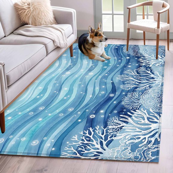Summer Ocean Coral Area Rugs 4x6 ft Nautical Coastal Watercolor Blue Teal Sea Waves Washable Rug Non Slip Indoor Carpet Absorbent Floor Mat for Living Room Bedroom Dining Room