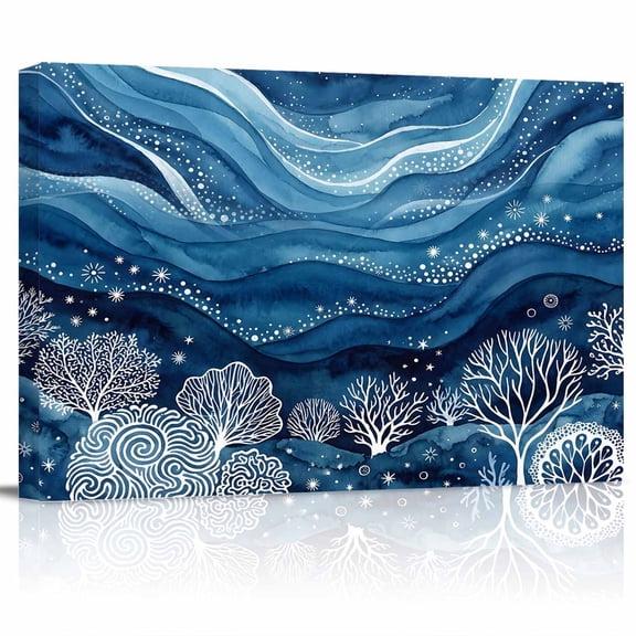 Summer Ocean Coral Canvas Print Wall Art Nautical Abstract Watercolor Blue Sea Waves Pictures Painting Morden Artwork for Living Room Bedroom, Ready to Hang - 12"x16"
