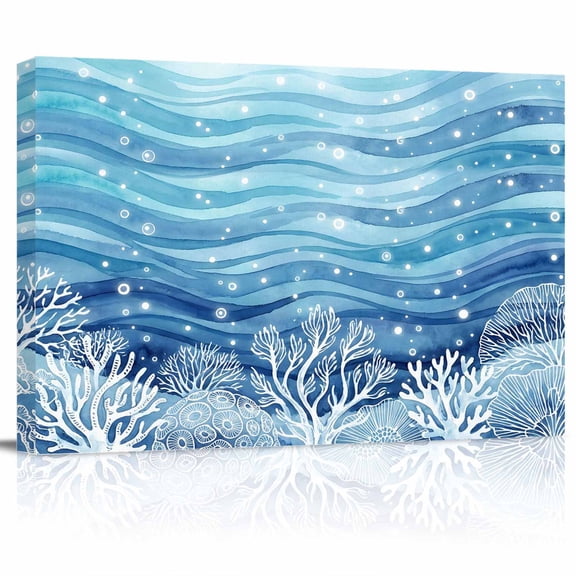 Summer Ocean Coral Canvas Print Wall Art Nautical Coastal Watercolor Blue Teal Sea Waves Pictures Painting Morden Artwork for Living Room Bedroom, Ready to Hang - 12"x16"