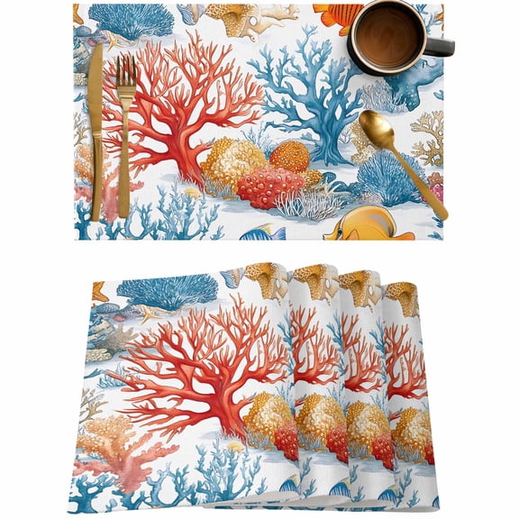 Summer Ocean Coral Fish Placemats Set of 4,Wipeable Washable Table Mats for Dining Tables,Underwater World Cartoon Style Place Mats for Kitchen Event Party Tabletop Decor