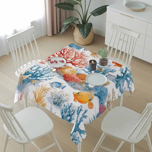 Summer Ocean Coral Fish Table Cloth 54x54in, Waterproof Square Tablecloth Wipeable Tablecloths Underwater World Cartoon Style Table Covers for Dining Tables Party Indoor Outdoor