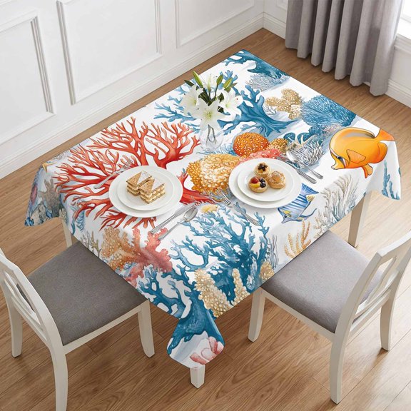 Summer Ocean Coral Fish Table Cloth 60x84in, Waterproof Rectangle Tablecloth Wipeable Tablecloths Underwater World Cartoon Style Table Covers for Dining Tables Party Indoor Outdoor