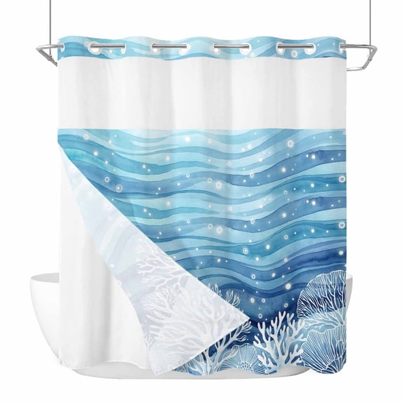 Summer Ocean Coral No Hook Shower Curtain with Snap in Liner Nautical Coastal Watercolor Blue Teal Sea Waves Waterproof Bathroom Shower Curtain with See Through Top Window for Bathtub 72" x 78"