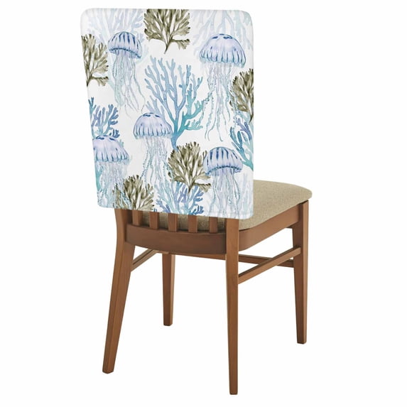 Summer Ocean Coral Jellyfish Chair Covers Set of 6 Nautical Coastal Watercolor Blue Sea Chair Back Covers Stretch Removable Washable Slipcovers Protector for Dining Room Kitchen Party Decor