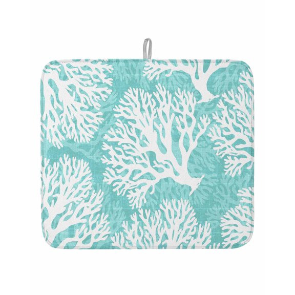 Summer Ocean Coral Seamless Dish Drying Mats for Kitchen Counter,Absorbent Microfiber Dish Drainer Rack Mat Marine Creature on Aqua Drying Pad for Sinks,Utensils,Countertops,16x18in