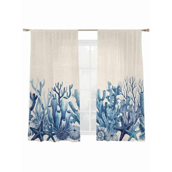 Summer Ocean Coral Sheer Curtains 2 Panels Set Nautical Sea Watercolor Blue Starfish Shell Linen Sheer Window Curtains Light Filtering Rod Pocket Voile Drapes for Bedroom Living Room 52"x63"
