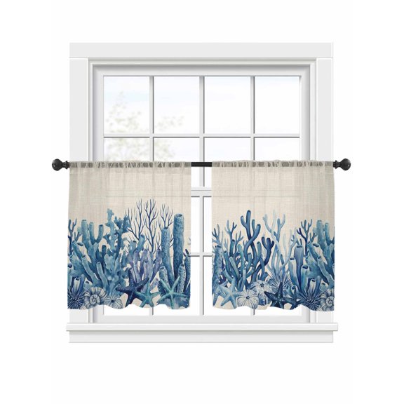 Summer Ocean Coral Sheer Curtains 2 Panels Set Nautical Sea Watercolor Blue Starfish Shell Linen Sheer Window Curtains Light Filtering Rod Pocket Voile Drapes for Bedroom Living Room 52"x54"