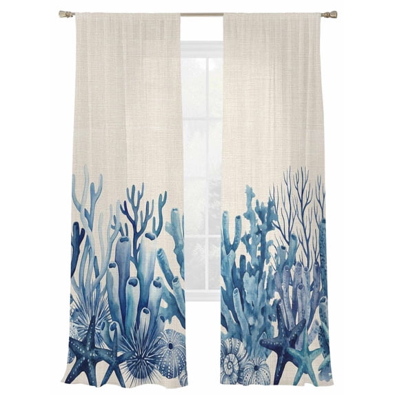Summer Ocean Coral Sheer Curtains 84 Inch Long 2 Panels, Nautical Sea Watercolor Blue Starfish Shell Linen Light Filtering Rod Pocket Curtains, Sheer Voile Drapes for Living Room Bedroom, 52"x84"