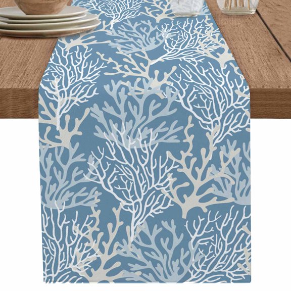 Summer Ocean Coral Table Runner 90 Inches Long for Dining Table Decor,Nautical Coastal Sea Ombre Solid Blue Burlap Linen Farmhouse Table Runner Coffee Table Runners Dresser for Kitchen Party Holiday