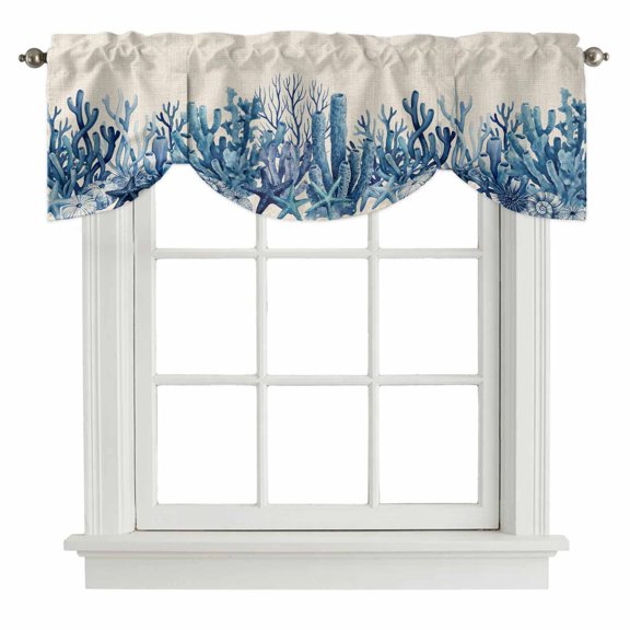 Summer Ocean Coral Tie Up Valance Curtains Nautical Sea Watercolor Blue Starfish Shell Linen Adjustable Light Filtering Tie Up Valance Small Window Shade for Kitchen Bedroom Cafe 60" W x 18" L