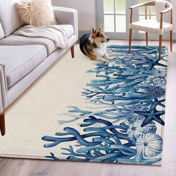 Summer Ocean Coral Washable Area Rugs 2.7'x5', Nautical Sea Watercolor Blue Starfish Shell Linen Low Pile Throw Living Room Rug Non-Slip Sturdy Edge Binding Carpet for Indoor Entryway Bedside Kitchen