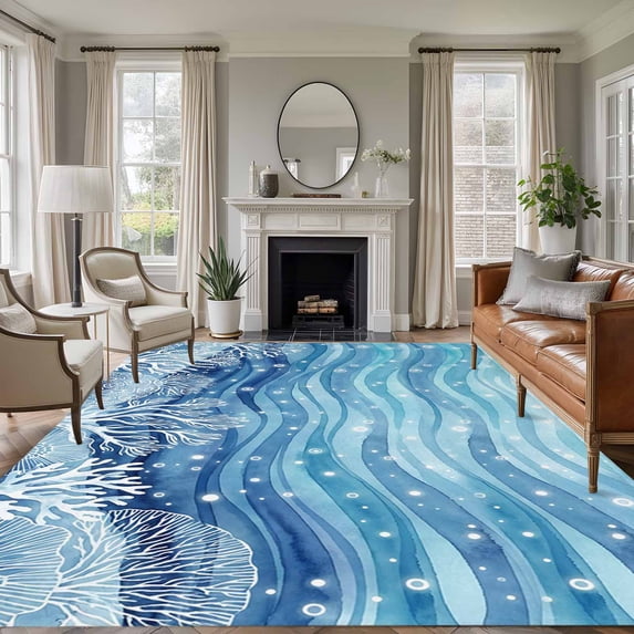 Summer Ocean Coral Washable Living Room Rugs 5'x7', Nautical Coastal Watercolor Blue Teal Sea Waves Low Pile Throw Large Area Rugs Non-Slip Sturdy Edge Binding Carpet for Dining Room Bedside Kitchen