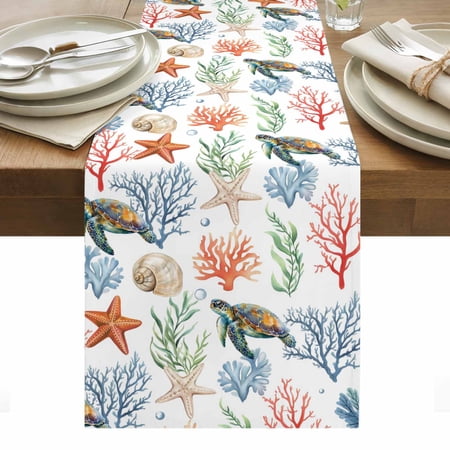 Summer Ocean Cotton Linen Table Runner Nautical Coastal Sea Turtles Shells Corals Starfish Dining Table Runners for Home Decor Party Dining Room Restaurant Kitchen Party 13" x 36"