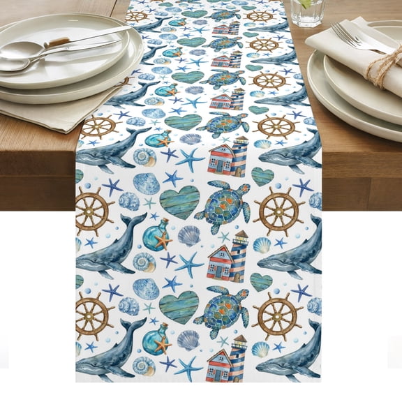 Summer Ocean Cotton Linen Table Runner Watercolor Sea Turtle Whale Brown Rudder Coastal Shell Dining Table Runners for Home Decor Party Dining Room Restaurant Kitchen Party 13" x 36"