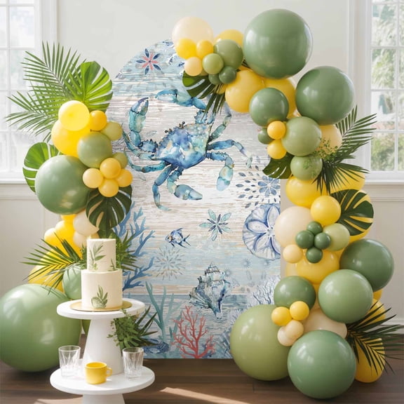 Summer Ocean Crab Arch Backdrop Cover, 6FT, Shell Coral Retro Blue Wood Grain Spandex Arch Covers Double-Sided Backdrop for Wedding Birthday Party Photo Background Decoration