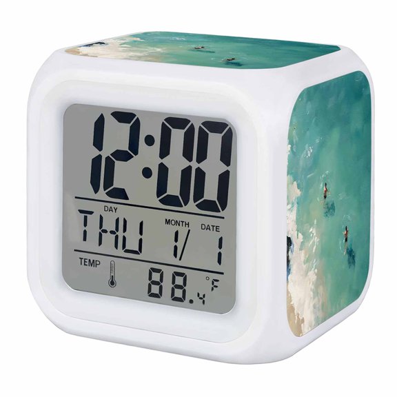 Summer Ocean Digital Alarm Clock for Bedrooms,Smart LED Alarm Clock with 7 Color Changing Night Light,Beach Coastal Nautical Blue Seaside Waves Silent Wake Up Clocks for Sleep Study Cooking 3.2"x3.2"