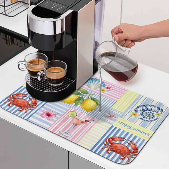 Summer Ocean Dish Drying Mats for Kitchen Counter, Crab Lemon Shell Frangipani Blue Pink Srtip Absorbent Coffee Bar Mat with Non-slip Rubber Backed Quick Drying Dish Rack Pad 12"x16"