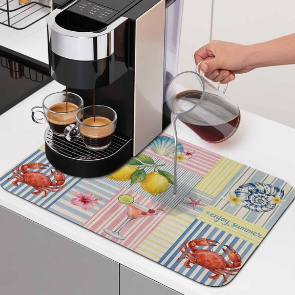 Summer Ocean Dish Drying Mats for Kitchen Counter, Crab Lemon Shell Frangipani Srtip Linen Absorbent Coffee Bar Mat with Non-slip Rubber Backed Quick Drying Dish Rack Pad 12"x16"
