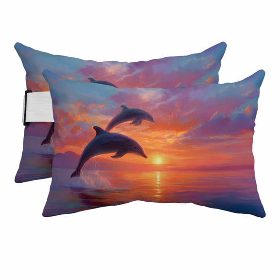 Summer Ocean Dolphin Outdoor Pillow for Chaise Lounge Chair,Head Resting Pillow with Insert, Romantic Sunset Art Waterproof Lumbar Pillows for Patio Chaise Beach Chair,11"x16" 2 Pack