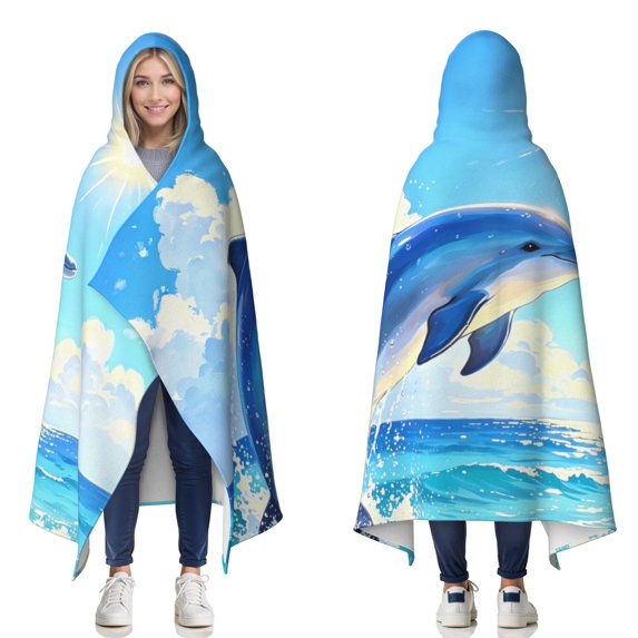 Summer Ocean Dolphin Wearable Blanket Hoodies for Women Men Adults Dolphin Lovers Warm Cozy Sunny Summer Sea Dolphins Hooded Blankets for Travel Sofa Decor Birthday Gifts 60x80 Inch