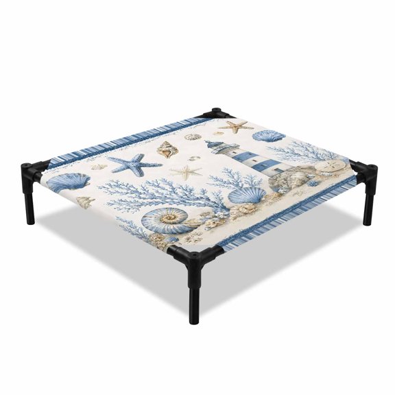 Summer Ocean Elevated Dog Bed, Nautical Blue Lighthouse Starfish Sea Shells Coral Stripes Cooling Breathable Outdoor Raised Dog Cot Bed with Metal Frame Non-Slip Feet for Small Dog 20x20in