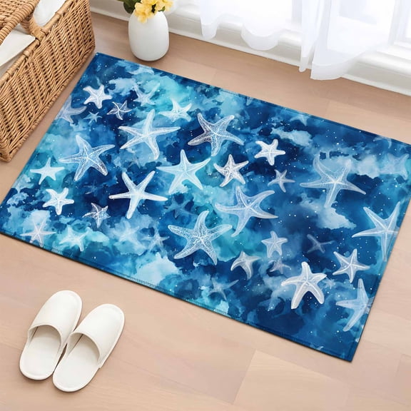Summer Ocean Entryway Rug 2'x3' Blue Dreamy Watercolor Starfish Sea Marine Life Small Area Rug Non-Slip Front Door Mat Washable Floor Carpet for Indoor Entrance Kitchen Bathroom