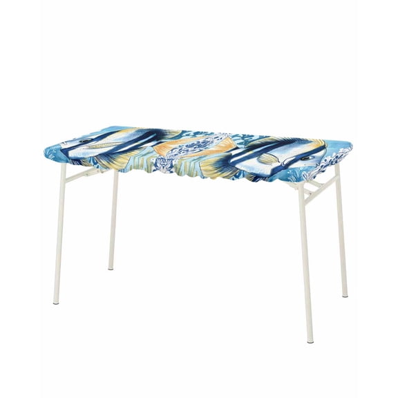 Summer Ocean Fish Rectangle Tablecloth, Waterproof Elastic Fitted Table Covers for 8 Foot Tables, 32x96inch Decorative Tablecloths for Picnic, Camping, Coastal Watercolor Stripe Seaweed Plant