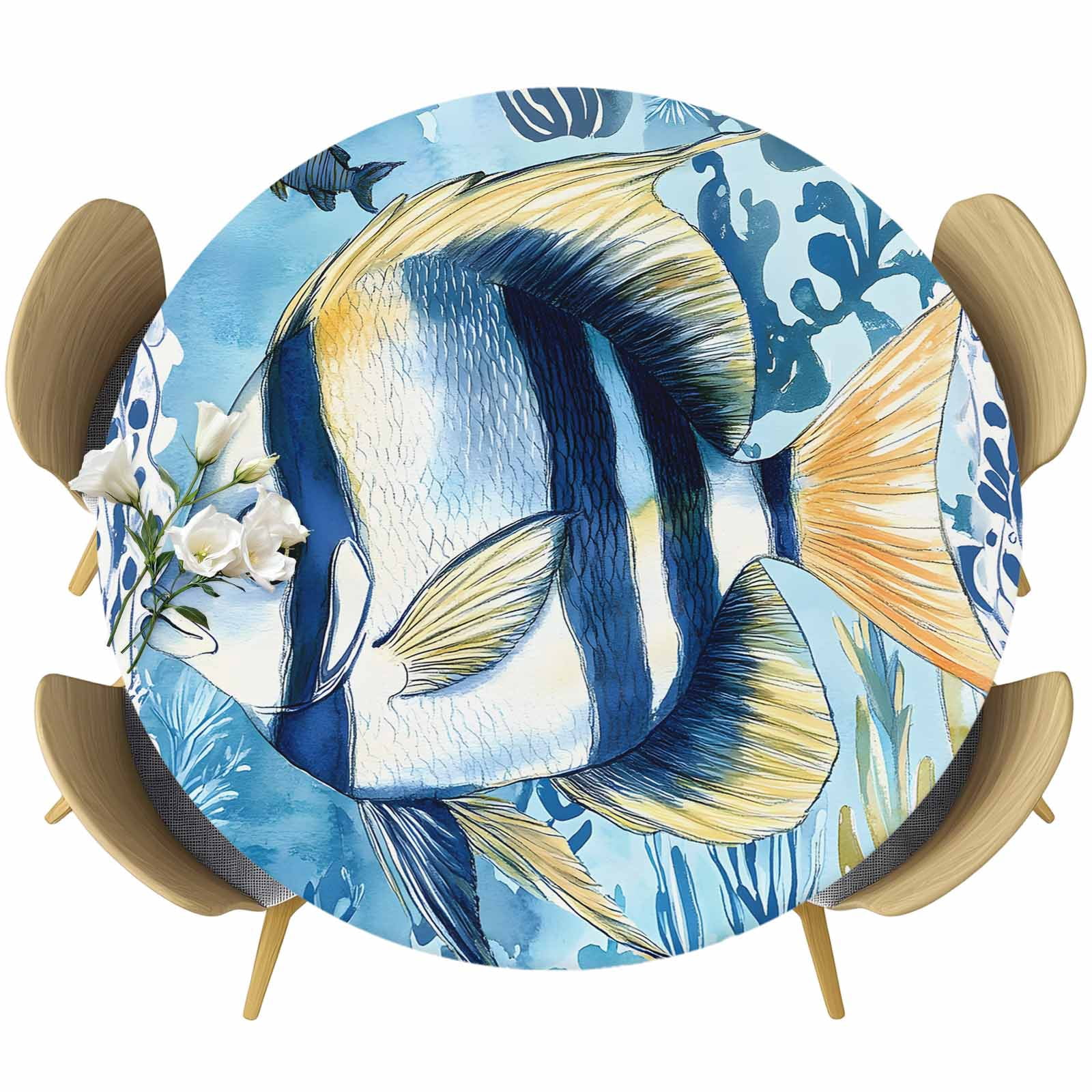Summer Ocean Fish Round Tablecloth 45-54 Inch Round Fitted Table Cloth ...