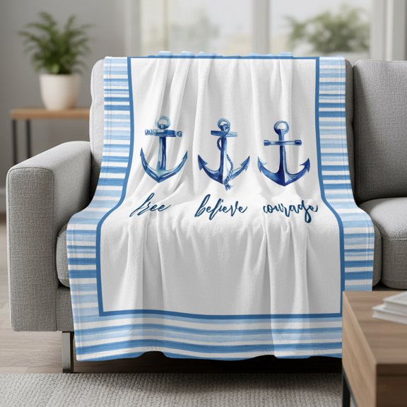 Summer Ocean Fleece Throw Blanket Blue White Stripes Anchor Free Believe Courage Ultra Soft Fuzzy Cozy Flannel Throw Blanket for Couch Sofa Bed Car Travel, Ideal Gifts 30x40 Inches