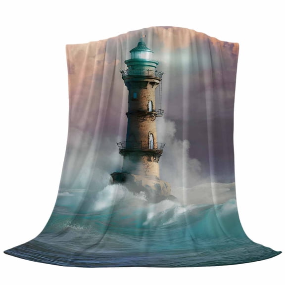 Summer Ocean Fleece Throw Blanket Brown Bright Lighthouse Sea Wave White Spray Seascape Ultra Soft Fuzzy Cozy Flannel Throw Blanket for Couch Sofa Bed Car Travel, Ideal Gifts 40x50 Inches