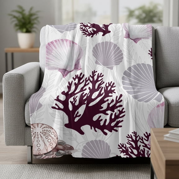 Summer Ocean Fleece Throw Blanket Pink Shell Brown Coral Marine Life Abstract Ultra Soft Fuzzy Cozy Flannel Throw Blanket for Couch Sofa Bed Car Travel, Ideal Gifts 30x40 Inches