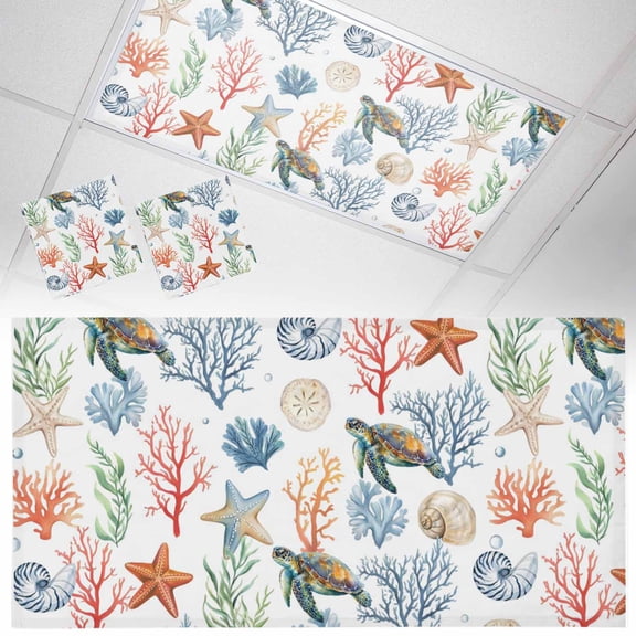 Summer Ocean Fluorescent Light Covers Nautical Coastal Sea Turtles Shells Corals Starfish Magnetic Light Filters Ceiling Lighting Panel Shade for Classroom Office Home 2 x 4 ft, 2 Pack
